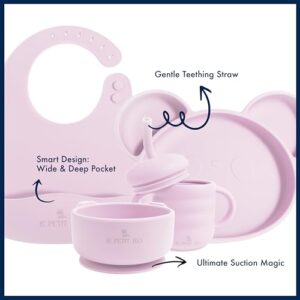 Le Petit Leo Silicone Baby Feeding Set - Complete Baby Led Weaning Supplies with Silicone Bibs, Suction Plates, Suction Bowl, Sippy Cup, Baby Spoon and Fork, Toddler Utensils (Angelic Pink)