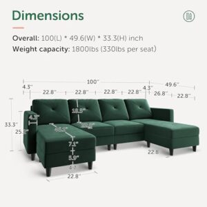 HONBAY U Shaped Sectional Sofa Convertible Couch with Double Chaises 4 Seat Sofa with Two Ottomans, Velvet Green