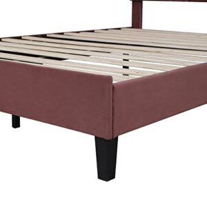 Harper & Bright Designs Full Size Upholstered Platform Bed with Flower Pattern Velvet Headboard, Bean Paste Red