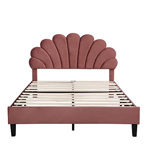 Harper & Bright Designs Full Size Upholstered Platform Bed with Flower Pattern Velvet Headboard, Bean Paste Red