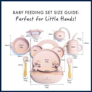 Le Petit Leo Silicone Baby Feeding Set - Complete Baby Led Weaning Supplies with Silicone Bibs, Suction Plates, Suction Bowl, Sippy Cup, Baby Spoon and Fork, Toddler Utensils (Angelic Pink)