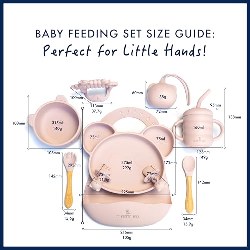 Le Petit Leo Silicone Baby Feeding Set - Complete Baby Led Weaning Supplies with Silicone Bibs, Suction Plates, Suction Bowl, Sippy Cup, Baby Spoon and Fork, Toddler Utensils (Angelic Pink)