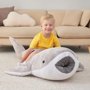 Zctghvy 48 inch Giant Whale Shark Stuffed Animal Toy Whale Plush Kids Pillow Grey Whale Shark Plush Toy Pillow Whale Shark Stuffed Animal