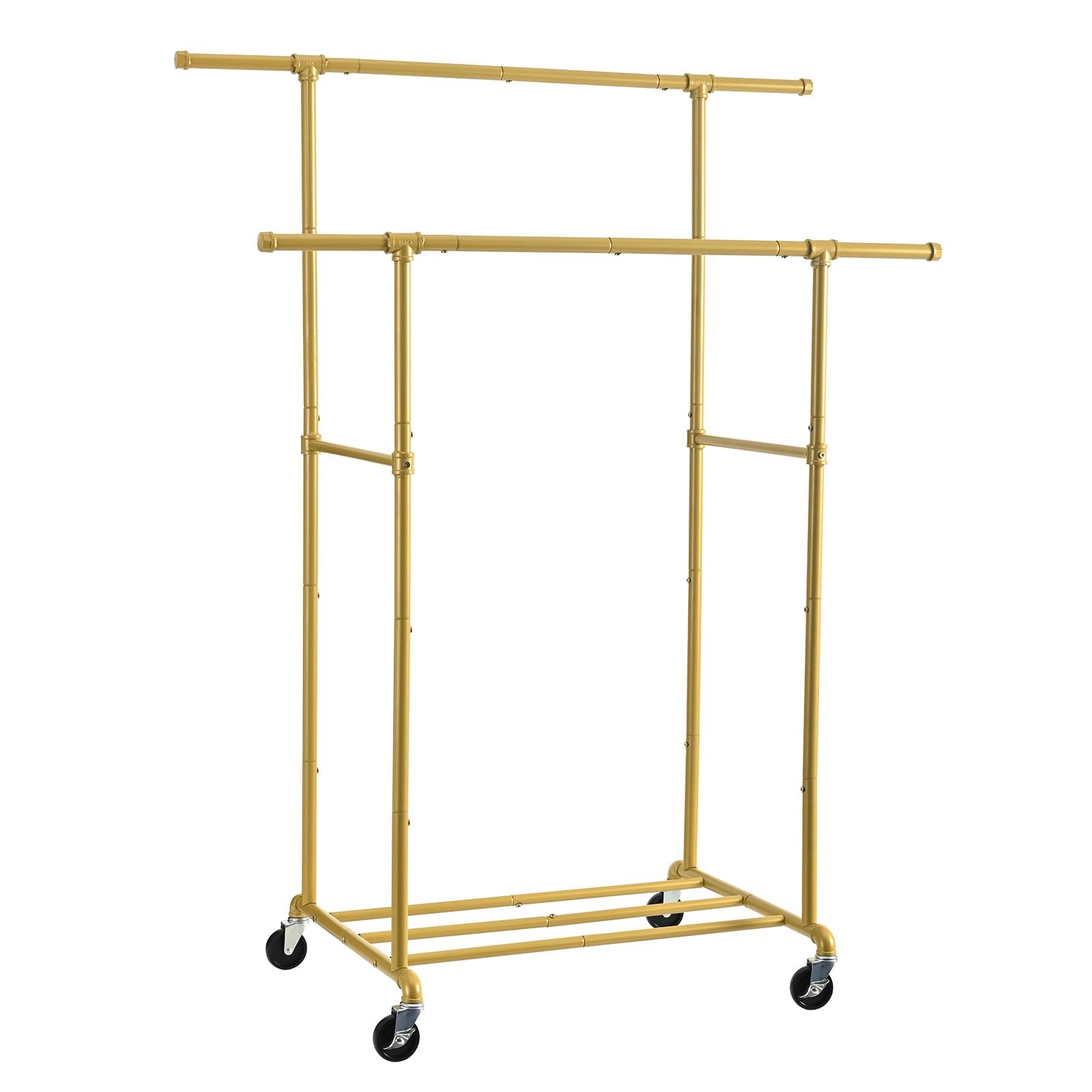 FOUCSSOMEI Heavy Duty Clothes Rack, Rolling Clothes Rack, Clothing Rack with Wheels,Clothing Hanger Organizer, Double Rod, Max 400Lbs, for Closet Bedroom Yard Sale, Commercial Grade, Gold