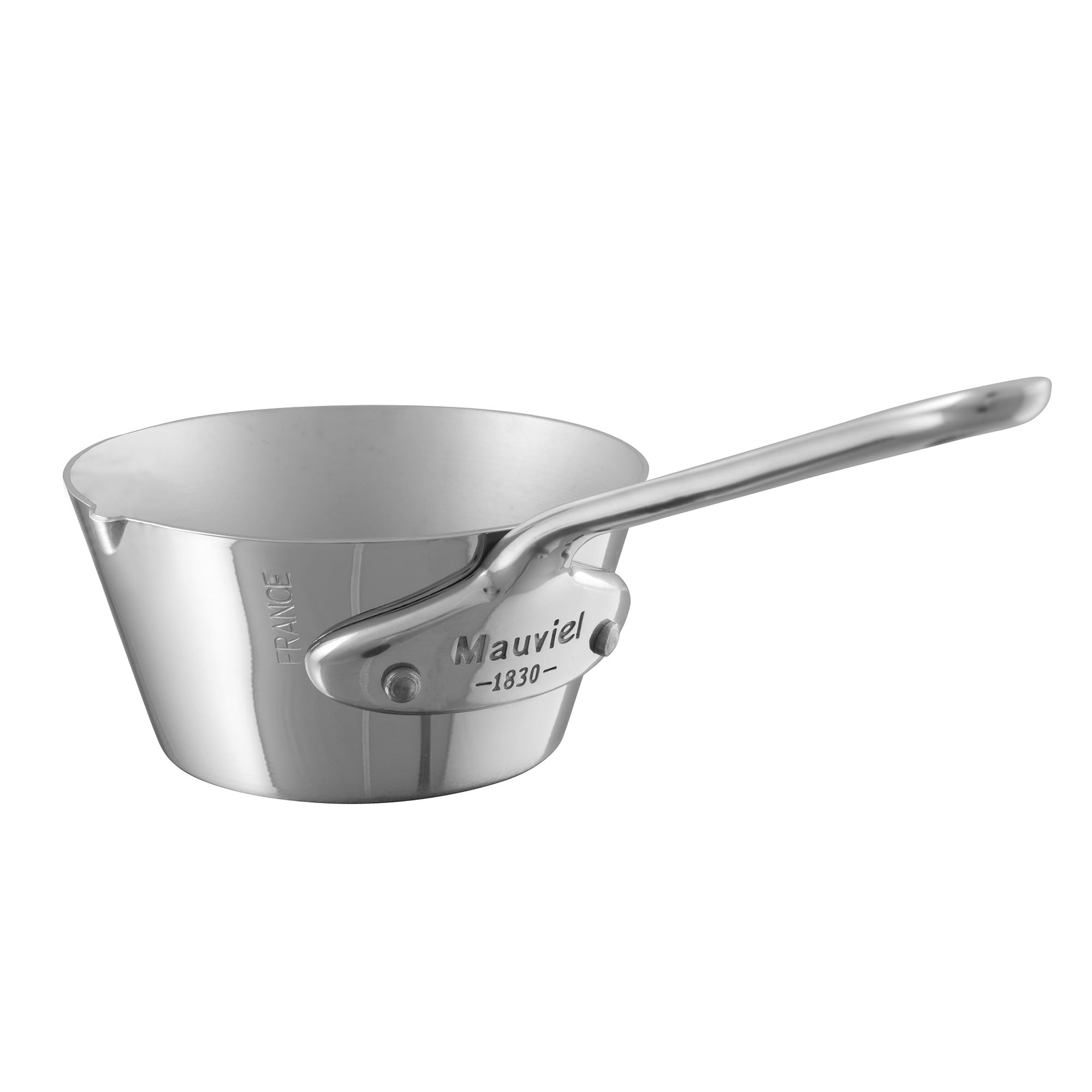 Mauviel M'Minis 1mm Stainless Steel Mini Splayed Saute Pan With Pouring Edge, And Cast Stainless Steel Handle, 0.15-Qt, Made in France