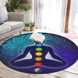 Modern Round Area Rug, Non-Slip Machine Washable Kitchen Office Circle Rug, Room Sofa Yoga Soft Round Carpet Compatible with Nine Chakra Yoga Meditation Lotus Blue Mandala 36inch(90cm)