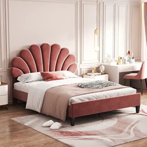 Harper & Bright Designs Full Size Upholstered Platform Bed with Flower Pattern Velvet Headboard, Bean Paste Red