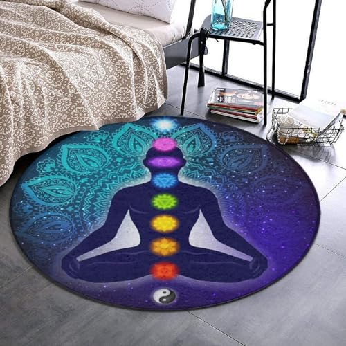 Modern Round Area Rug, Non-Slip Machine Washable Kitchen Office Circle Rug, Room Sofa Yoga Soft Round Carpet Compatible with Nine Chakra Yoga Meditation Lotus Blue Mandala 36inch(90cm)