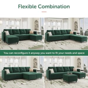 HONBAY U Shaped Sectional Sofa Convertible Couch with Double Chaises 4 Seat Sofa with Two Ottomans, Velvet Green