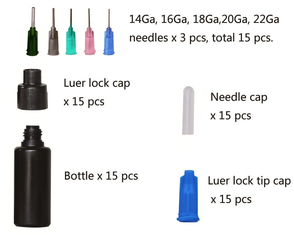 15 Packs 20ml Luer Lock Bottles Glue Henna Jagua Dispensing Bottles with Luer Lock Caps, Blunt Needles and Needle Caps (Opaque Black)