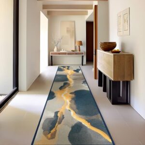 phantoscope hallway runner rug 2'x10'- long rug runner boho washable non-slip carpet for kitchen entryway laundry bedroom, ultra-thin runners geometry modern accent rug, deep grey/gold