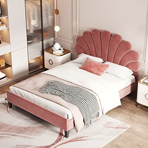 Harper & Bright Designs Full Size Upholstered Platform Bed with Flower Pattern Velvet Headboard, Bean Paste Red