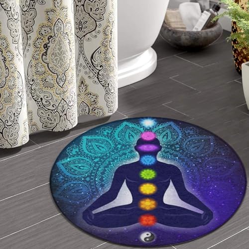 Modern Round Area Rug, Non-Slip Machine Washable Kitchen Office Circle Rug, Room Sofa Yoga Soft Round Carpet Compatible with Nine Chakra Yoga Meditation Lotus Blue Mandala 36inch(90cm)