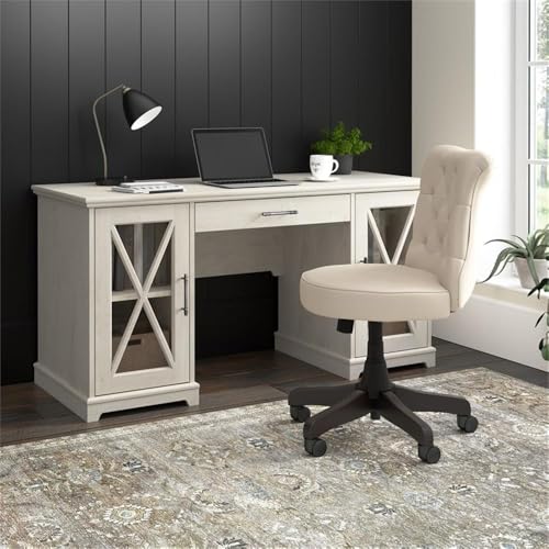 Bush Furniture Lennox Farmhouse Desk with Storage and Keyboard Tray | Computer Table for Home Office Workspace, 60W, Linen White Oak