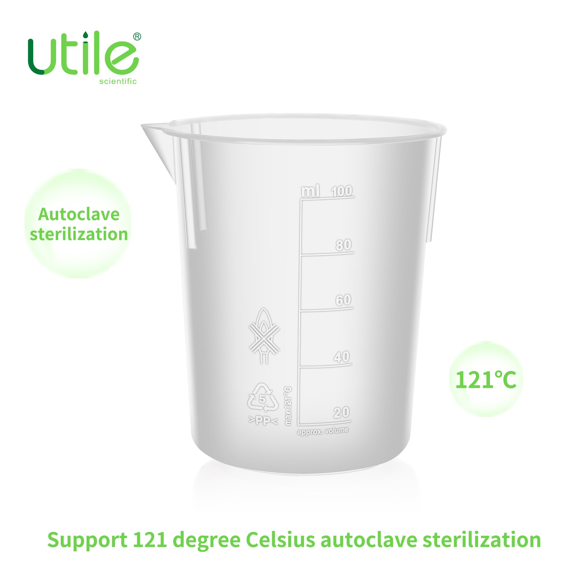 Utile 10 Pcs Plastic Beaker Set with spout of Vol.100ml, Plastic Measuring Beaker For Lab Science with Molded Graduations, 4081.0100.10