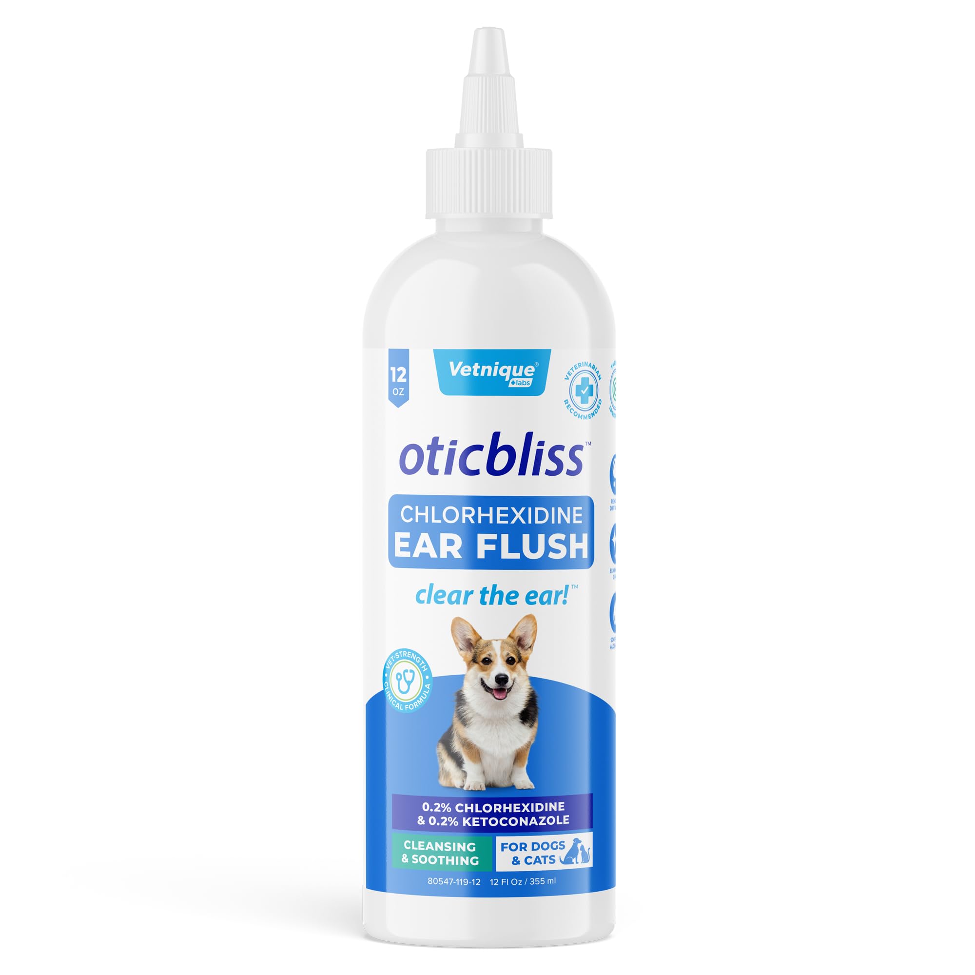 Vetnique Oticbliss Medicated Dog Ear Infection Treatment, Antiseptic Ear Cleaner for Cat & Dog Ear Cleaning Solution with Chlorhexidine & Ketoconazole (12oz Flush)