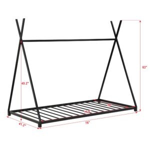 Twin Montessori Floor Bed, Metal House Bed for Kids Tent Bed Frame Floor with Slat for Girls Boys, Triangle Structure, No Box Spring Needed - Black