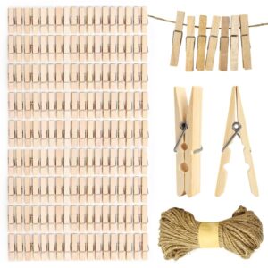 200pcs natural wood mini clothes pins with 66ft jute twine for photos, 1 inch small clothes pins for photos, crafts, artwork, cocktails, weddings