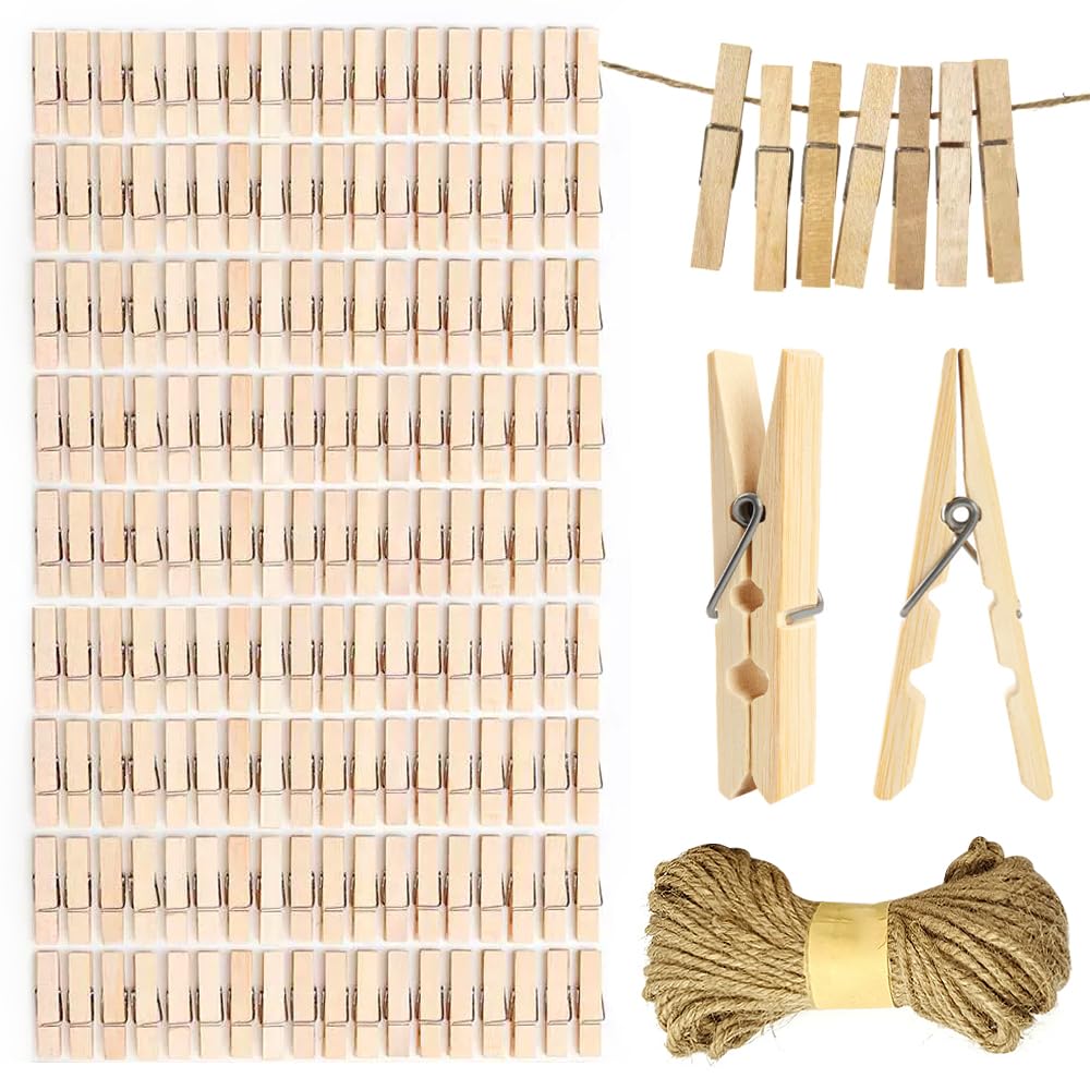 200pcs Natural Wood Mini Clothes Pins with 66ft Jute Twine for Photos, 1 Inch Small Clothes Pins for Photos, Crafts, Artwork, Cocktails, Weddings