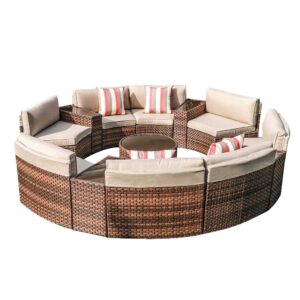 SUNSITT Outdoor Patio Furniture Set 13-Piece Round Sectional Sofa Curved Wicker Sofa with 4 Side Table and Pillows, Brown Rattan & Beige Cushion