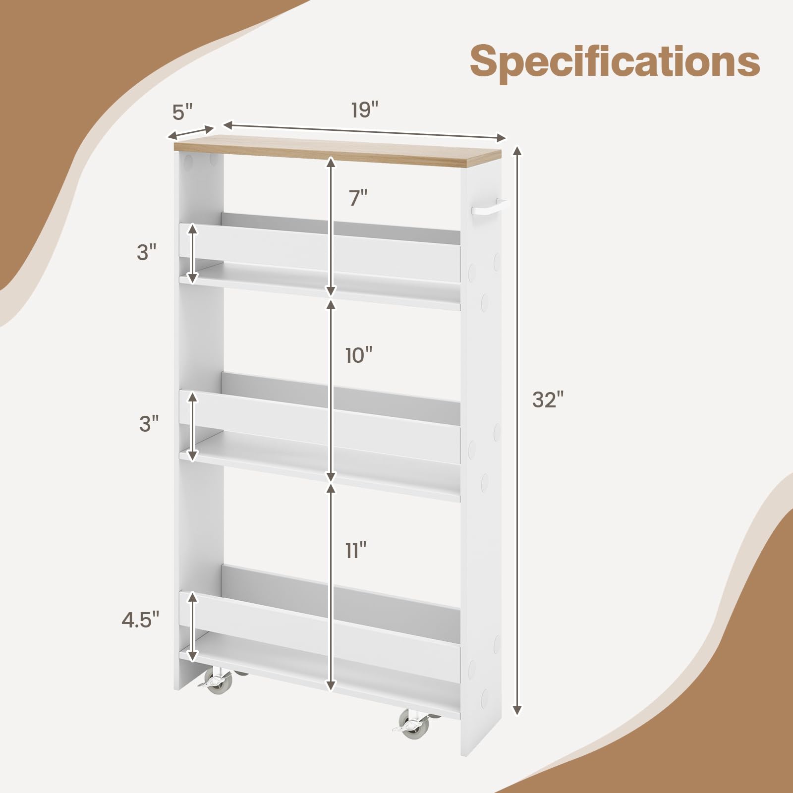 IFANNY Slim Storage Cart, 4-Tier Rolling Cart with Handle, Laundry Cart Between Washer and Dryer, Wood Spice Rack Next to Fridge, Narrow Shelving Unit for Kitchen, Bathroom, Small Spaces