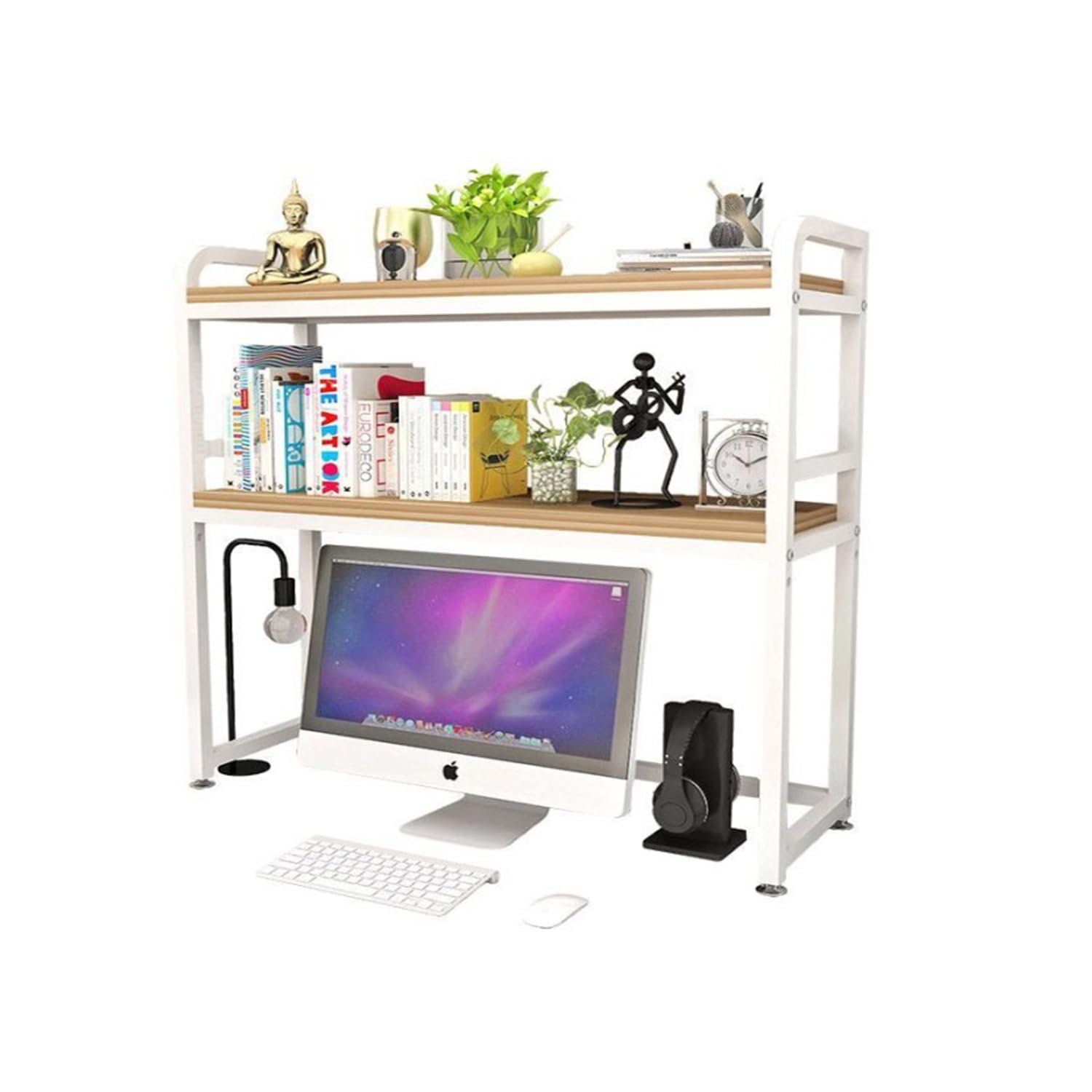 uyoyous Computer Desktop Bookshelf 2-Tier Multipurpose Wood Desk Hutch Bookcase for Computer Desk with Adjustable Shelf Display Rack Organizer, White