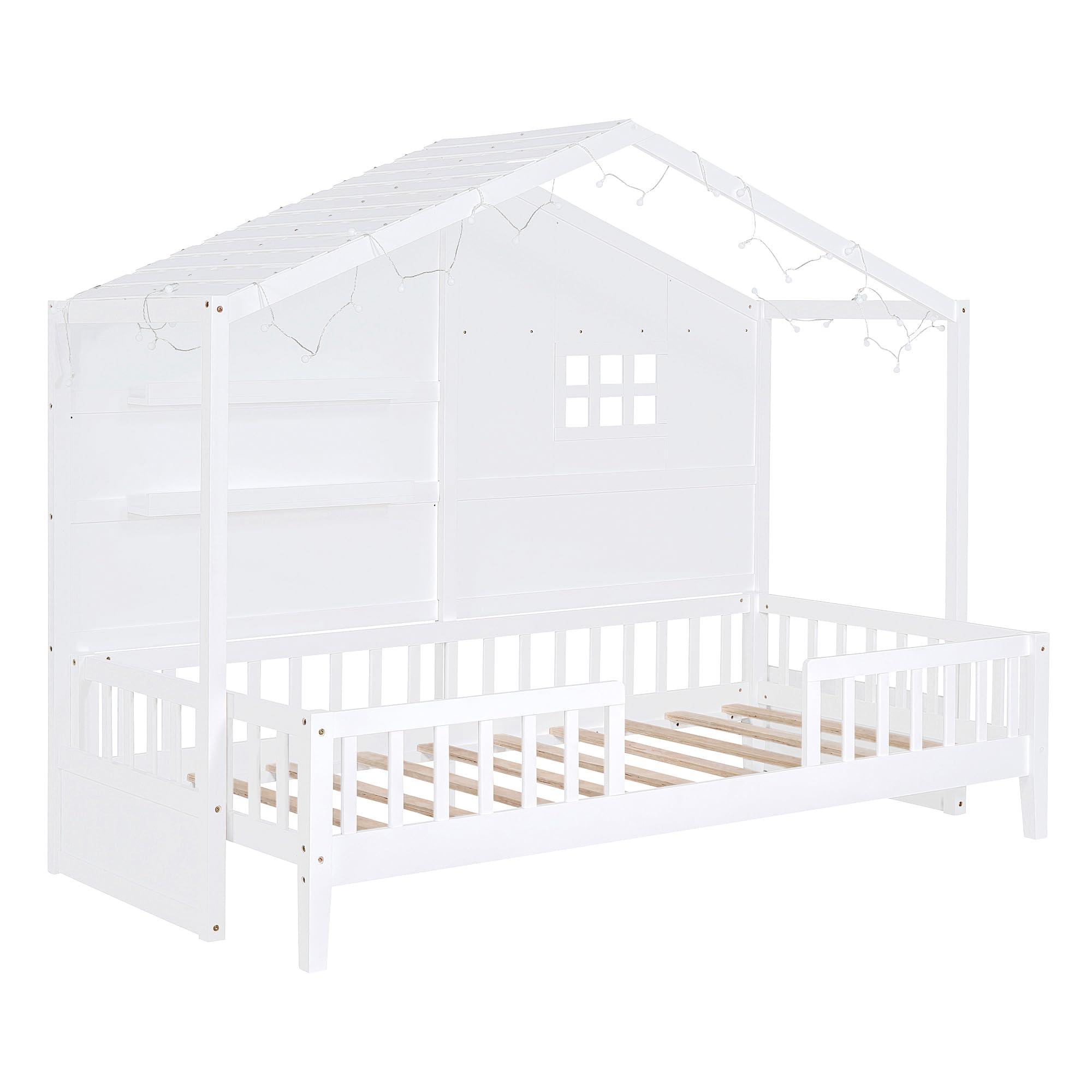 SOFTSEA Twin Size House Bed for Kids, Low Loft Bed with Storage Shelves, Wood Bed Frame with Window and Sparkling Light Stripe on The Roof, Kids Twin Bed Frame, No Box Spring Needed, White