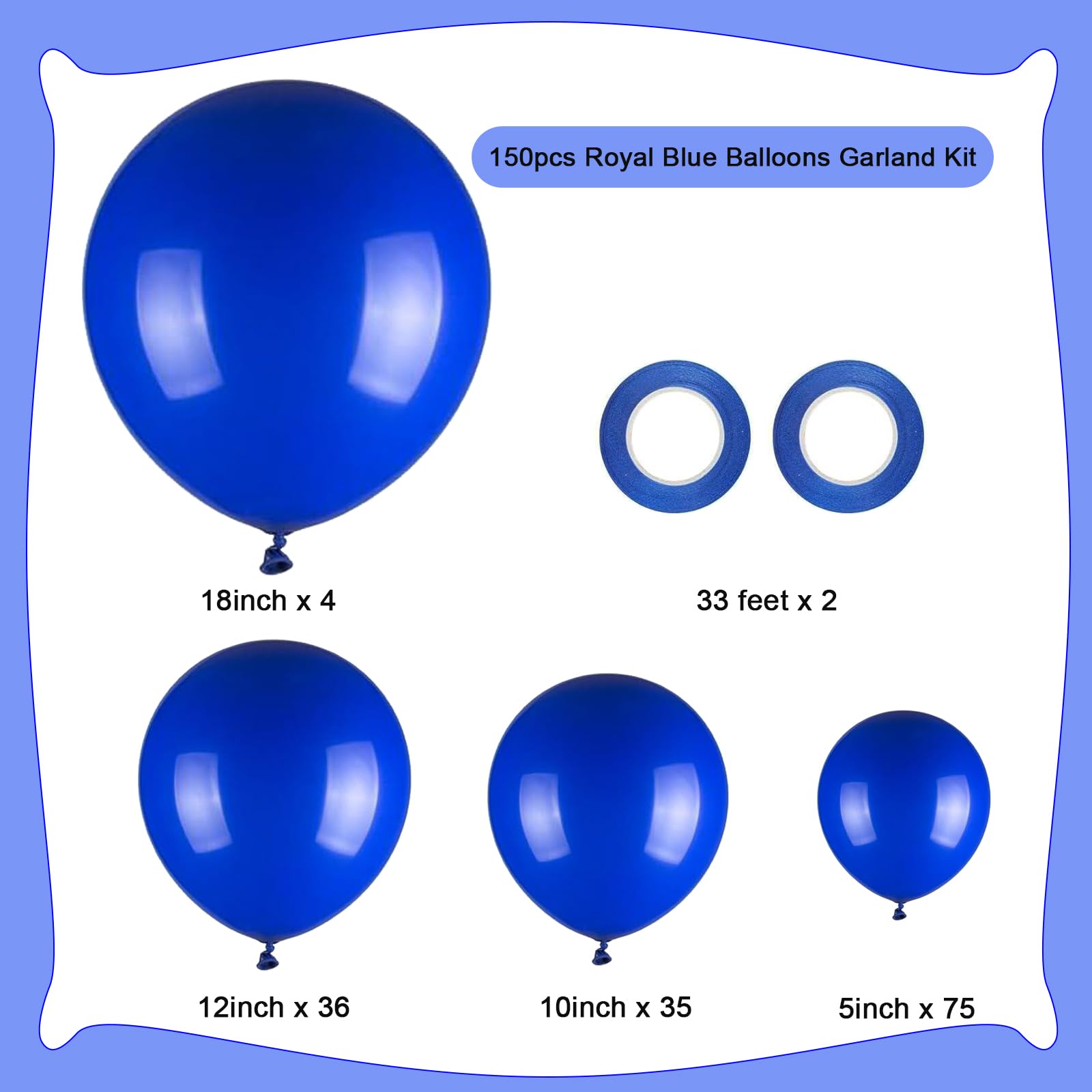 150pcs Royal Blue Balloons Different Sizes Pack, 18 12 10 5 Inch Party Balloon Garland Arch Kit Birthday Baby Shower Graduation Baseball Nautical Party Decorations(With 2 Ribbons)