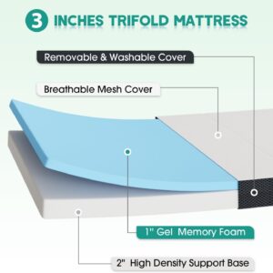 Folding Mattress, Twin Size Foldable Mattress Topper with Washable Cover, Portable Memory Foam Trifold Mattress for Camping, Guest, Yoga, Travel, Certipur-US Certified, 3 Inch, Narrow Twin