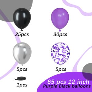 Purple Black Silver Latex Balloons, 65pcs 12 Inches Metallic Silver Purple Confetti Balloons with 1 Ribbon for Halloween, Birthday, Graduation, Anniversary,Wednesday party