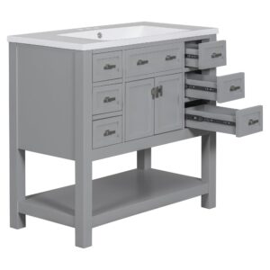 Merax 36" Bathroom Vanity with Sink Combo, Modern Wood Fixture Stand Storage Cabinet Set W/2 Soft Closing Doors and 6 Drawers, Grey