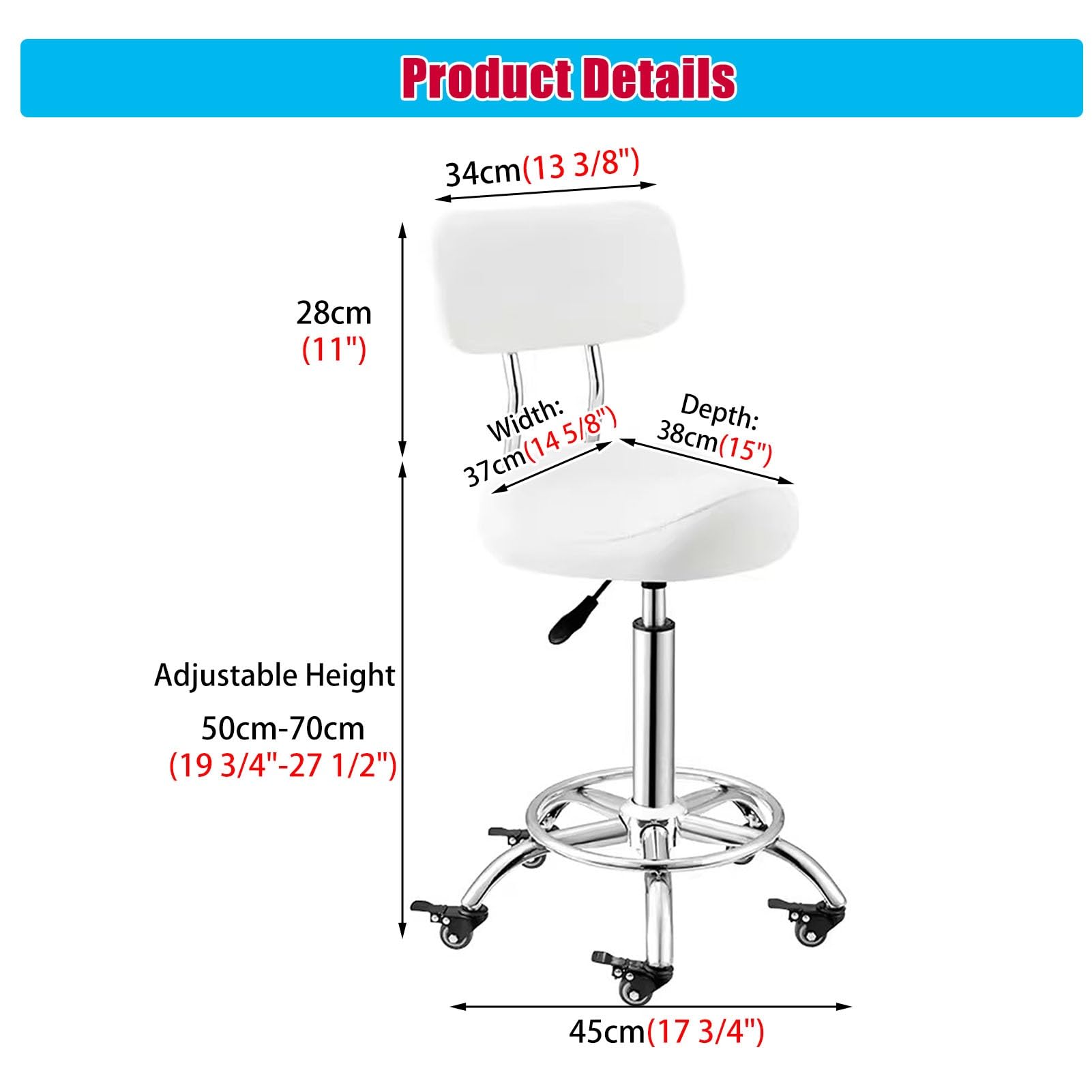 NUNETH Saddle Stool Kitchen Saddle Chair with Footrest Back Support, Ergonomic Office Chair Saddle Salon Chair for Clinical Dentist Clinic, 50-70 Cm (Color : White)