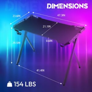 Dowinx Gaming Desk with LED Lights, RGB Gaming Computer Table with Carbon Fibre Surface, LED Home Office Desk with Remote Control, Pc Workstation with Cup Holder and Headphone Hook, Black