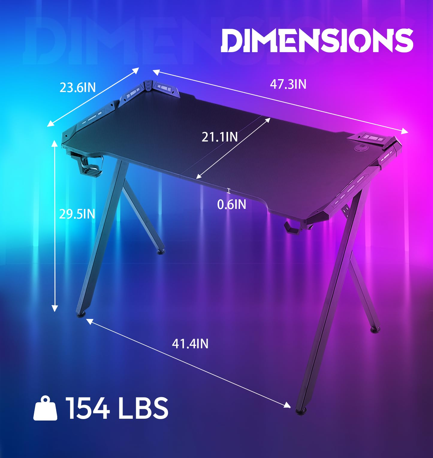 Dowinx Gaming Desk with LED Lights, RGB Gaming Computer Table with Carbon Fibre Surface, LED Home Office Desk with Remote Control, Pc Workstation with Cup Holder and Headphone Hook, Black