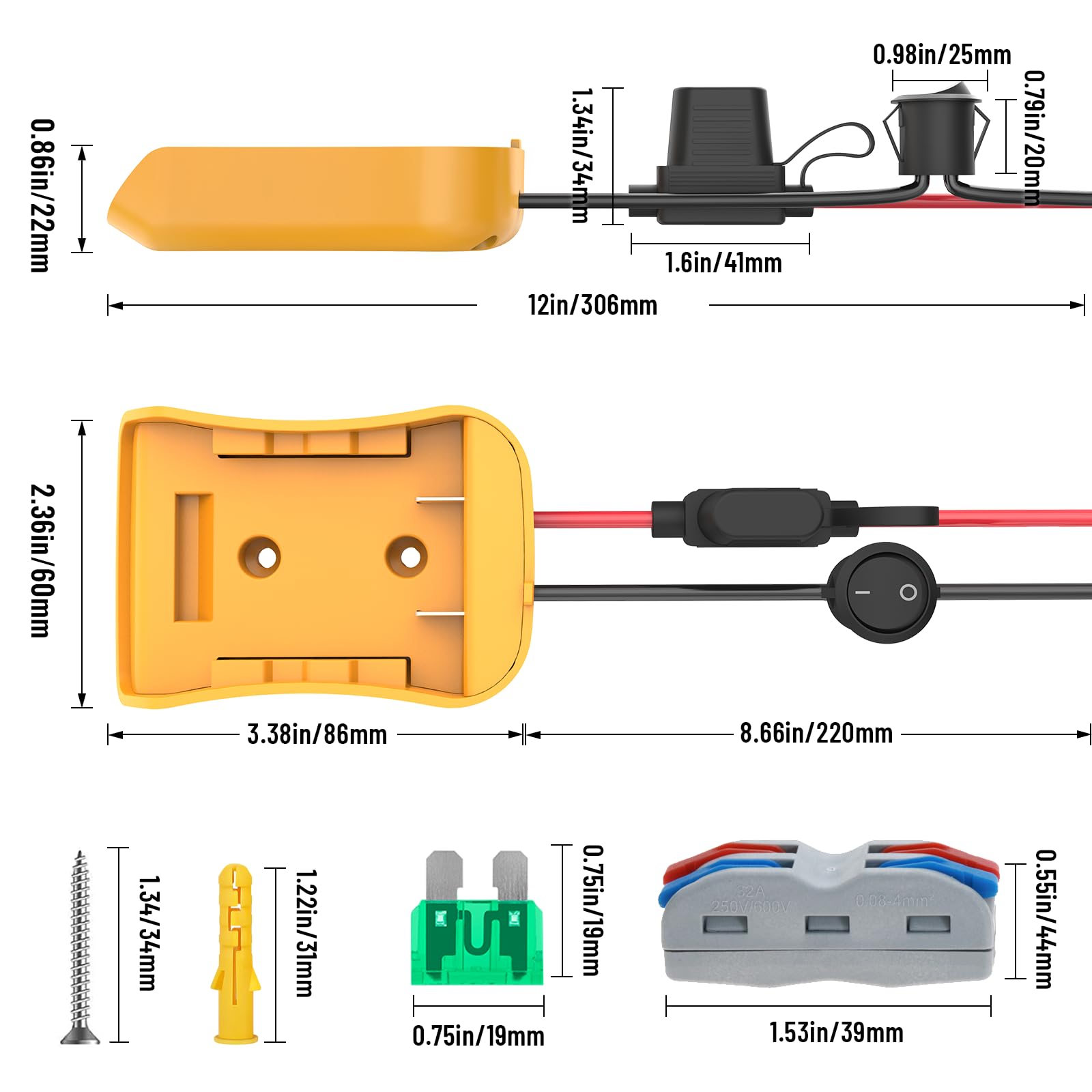 2 Packs Power Wheels Adapter for Dewalt 20V Battery, Power Wheels Battery Converter Kit with Fuse & Switch & Wire Terminals & 12 AWG Wire for DIY RC Car Toys Robotics