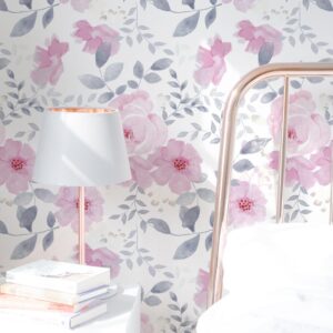 Floral Wallpaper Floral Contact Paper Peel and Stick Wallpaper Boho Wallpaper for Bedroom Pink Flower Wallpaper Leaf Wallpaper Self-Adhesive Removable Wallpaper Watercolor Kids Nursery 17.3“×78.7”