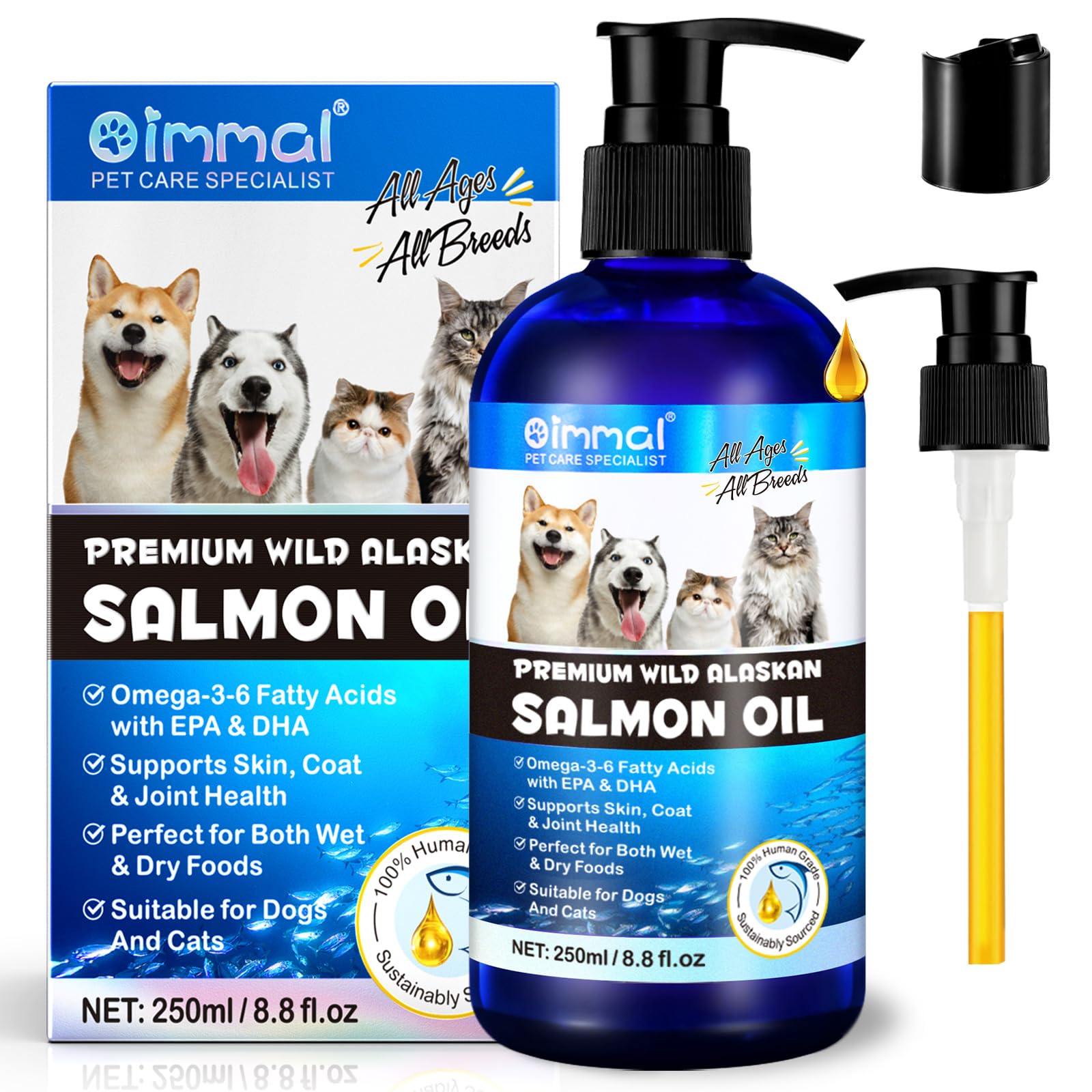 Salmon Oil for Dogs & Cats, Omega 3 Fish Oil for Dog's Skin and Coat, Natural EPA + DHA Fatty Acids for Joint Function, Immune & Heart Health, Wild Alaskan Salmon Oil 250ml for All Ages & All Breeds.