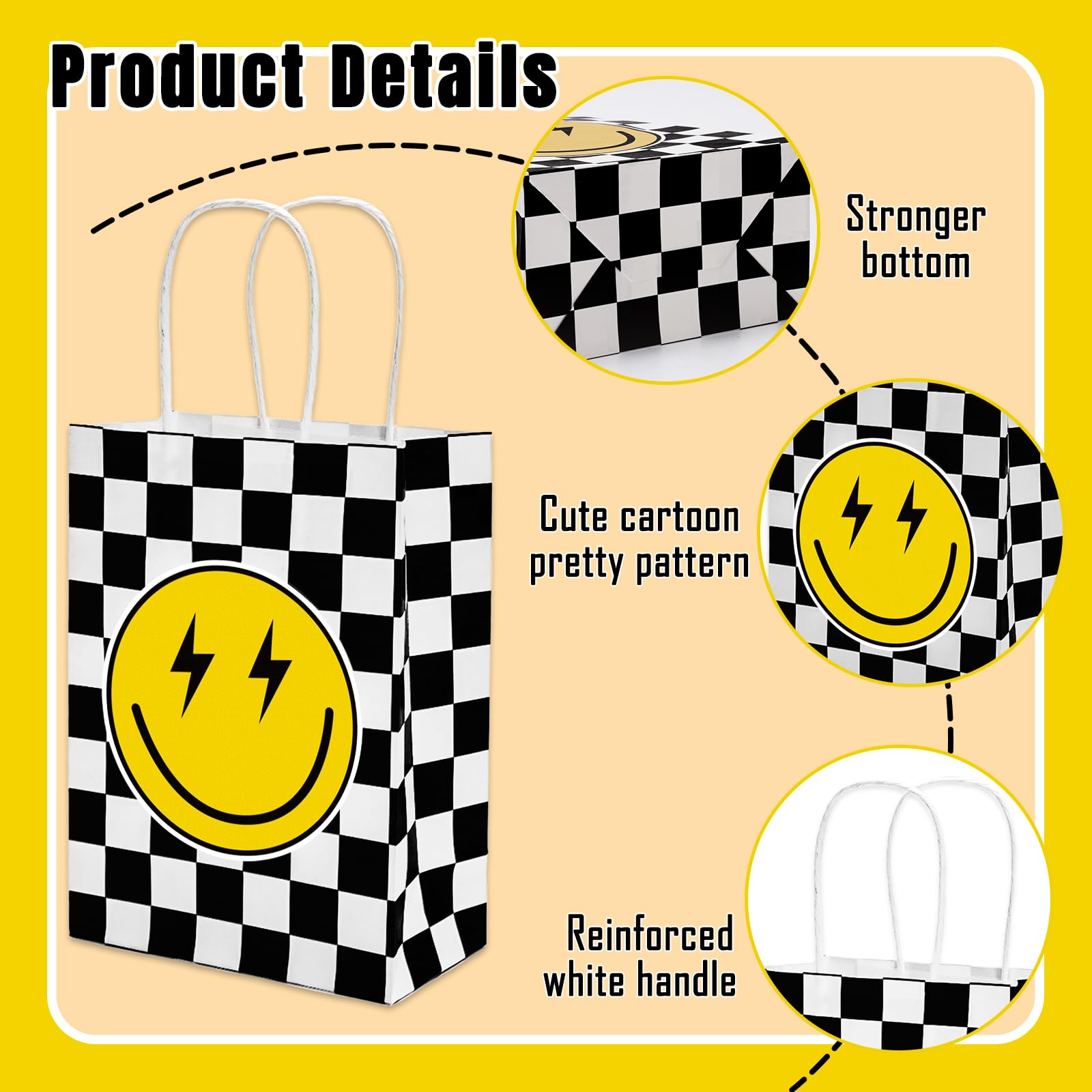 AnyDesign 16Pcs One Happy Dude Party Favor Bags Smile Face Paper Gift Bags with Handles Bulk Checkered Grocery Treat Bags Candy Goodies Bags for Baby Shower First Birthday Party Decor Supplies