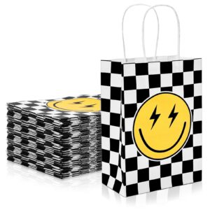 anydesign 16pcs one happy dude party favor bags smile face paper gift bags with handles bulk checkered grocery treat bags candy goodies bags for baby shower first birthday party decor supplies