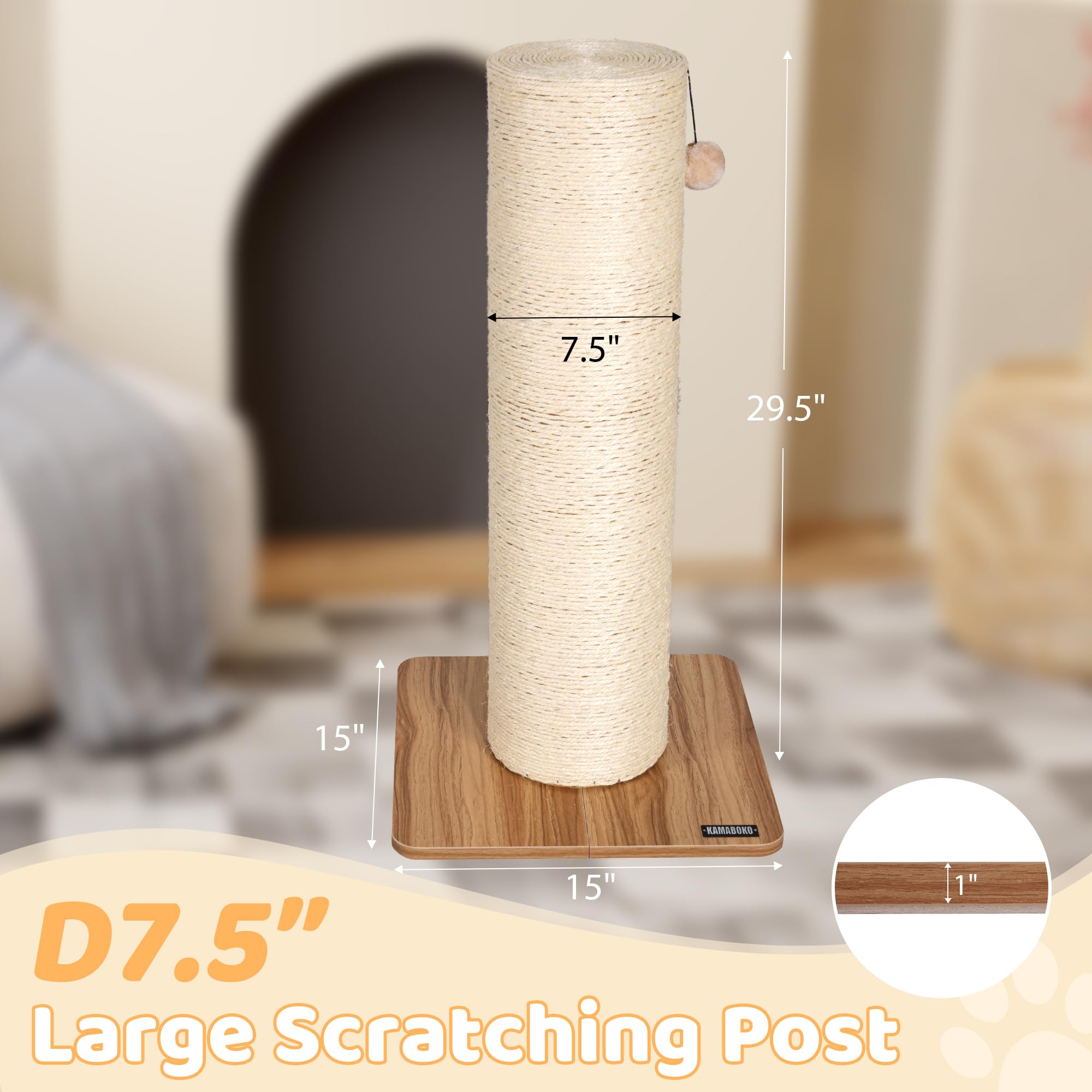 KAMABOKO 29.5" Cat Scratching Post, 7.5" Ultra-Large Diameter Natural Sisal Cat Scratch Post, Scratch-Resistant Tall Cat Scratcher for Indoor Cats, Protect Your Furniture, Beige, Pack of 1