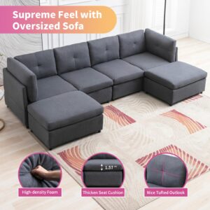 FRETSAE Modular Sectional Sofa, Convertible U Shaped Sofa Couch with Removable Ottomans, Button Tufted Design, 6 Seats Modular Sectional Couch for Living Room, Dark Grey