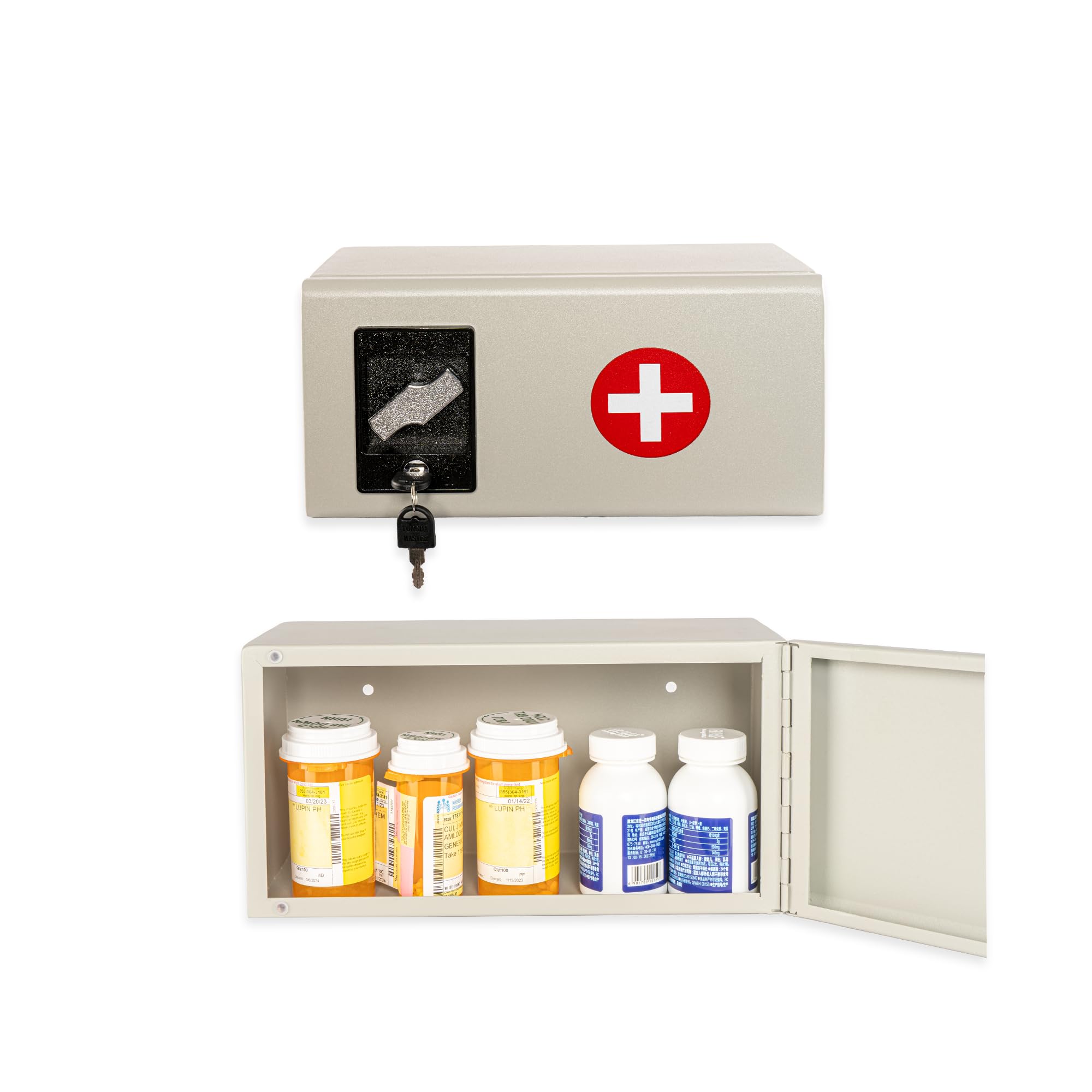 Medicine Lock Box for Medication Lock Box with Key - Wall Mounted Locking First Aid Medicine Cabinet, Secured Prescription Storage for Peace of Mind Around Kids at Home, School (White)