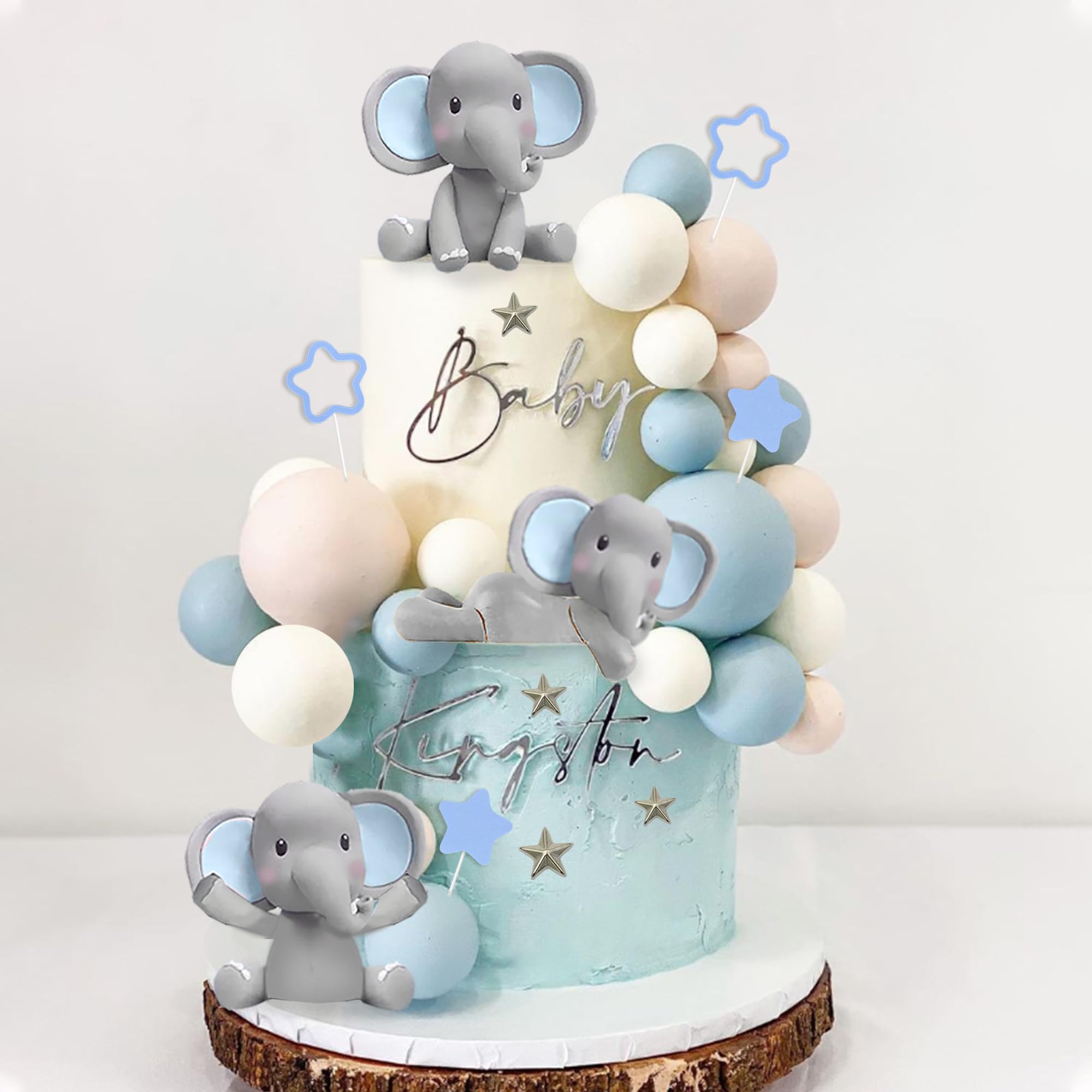 32 Pcs Elephant Cake Decoration with Mini Elephant Blue White Pearl Balls for Baby Shower Boy Elephant Theme Birthday Party Supplies (BLUE)