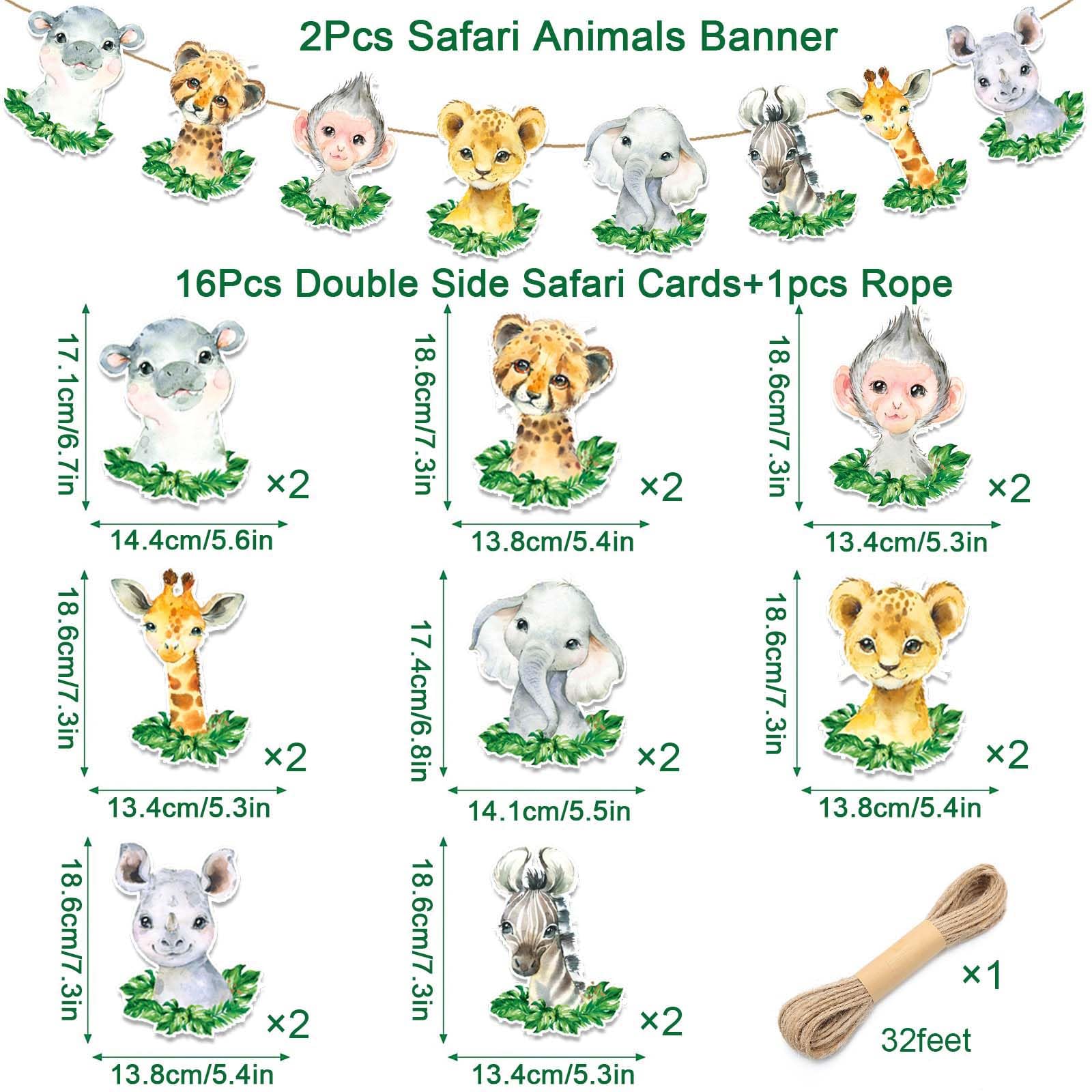 2Pcs Safari Animals Baby Shower Banner, Jungle Baby Shower Decorations, Wild One Birthday Party Decorations for Boys Kids, Double Sided Safari Jungle Themed Birthday Party Supplies