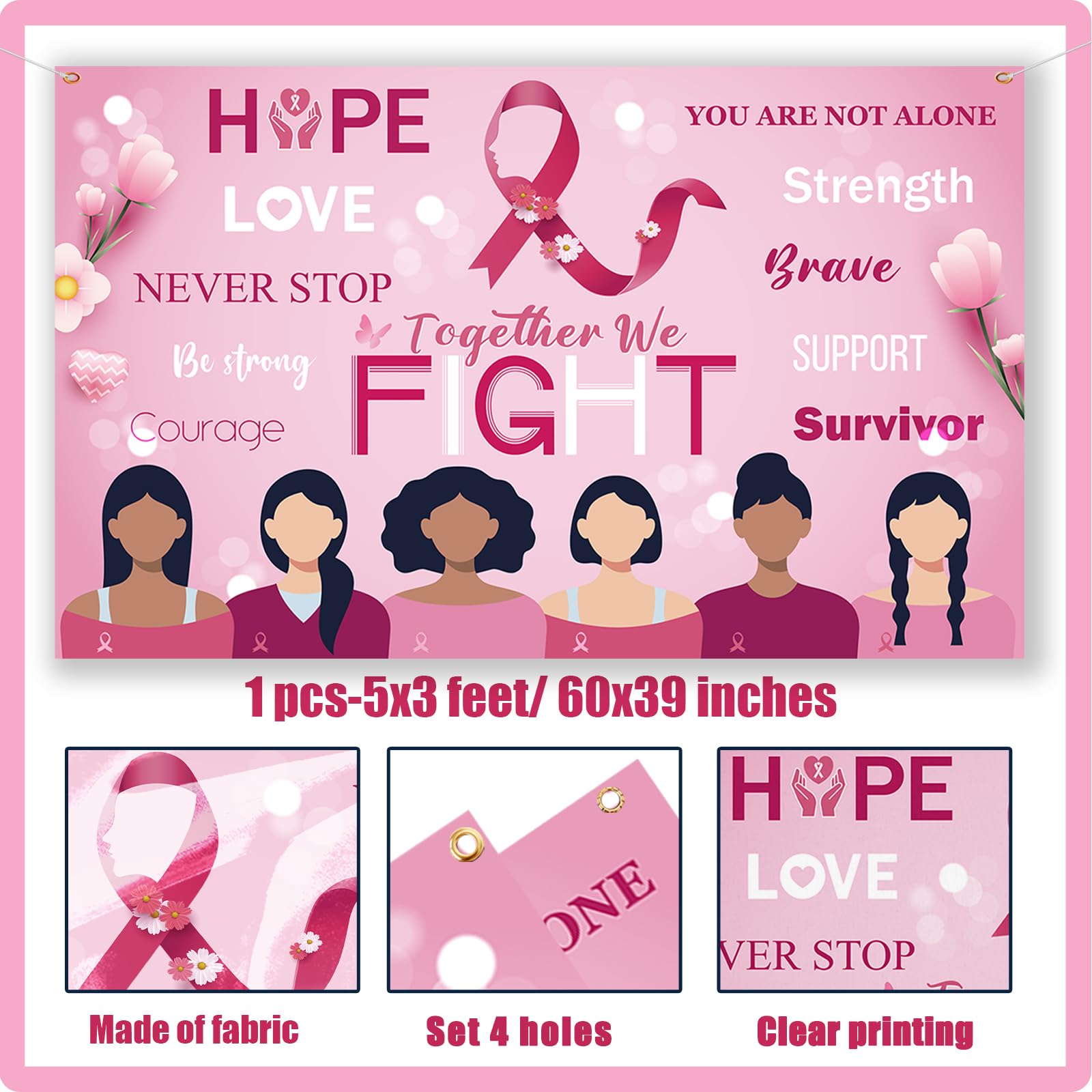 Breast Cancer Awareness Backdrop Decorations - Survivor Themed Party Decorations Pink Ribbon Strength Courage Hope Faith Banner Background for October Breast Cancer Awareness