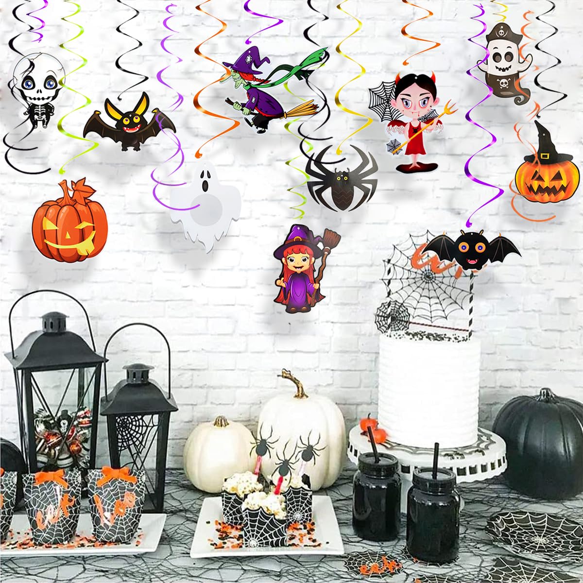 Halloween Decorations, 30 Pcs Hanging Swirl Party Supplies Decorations, Ceiling Spirals Halloween Streamers with Ghost Pumpkin Witch Skull Spider Bat for Home Indoor Outdoor Classroom Office