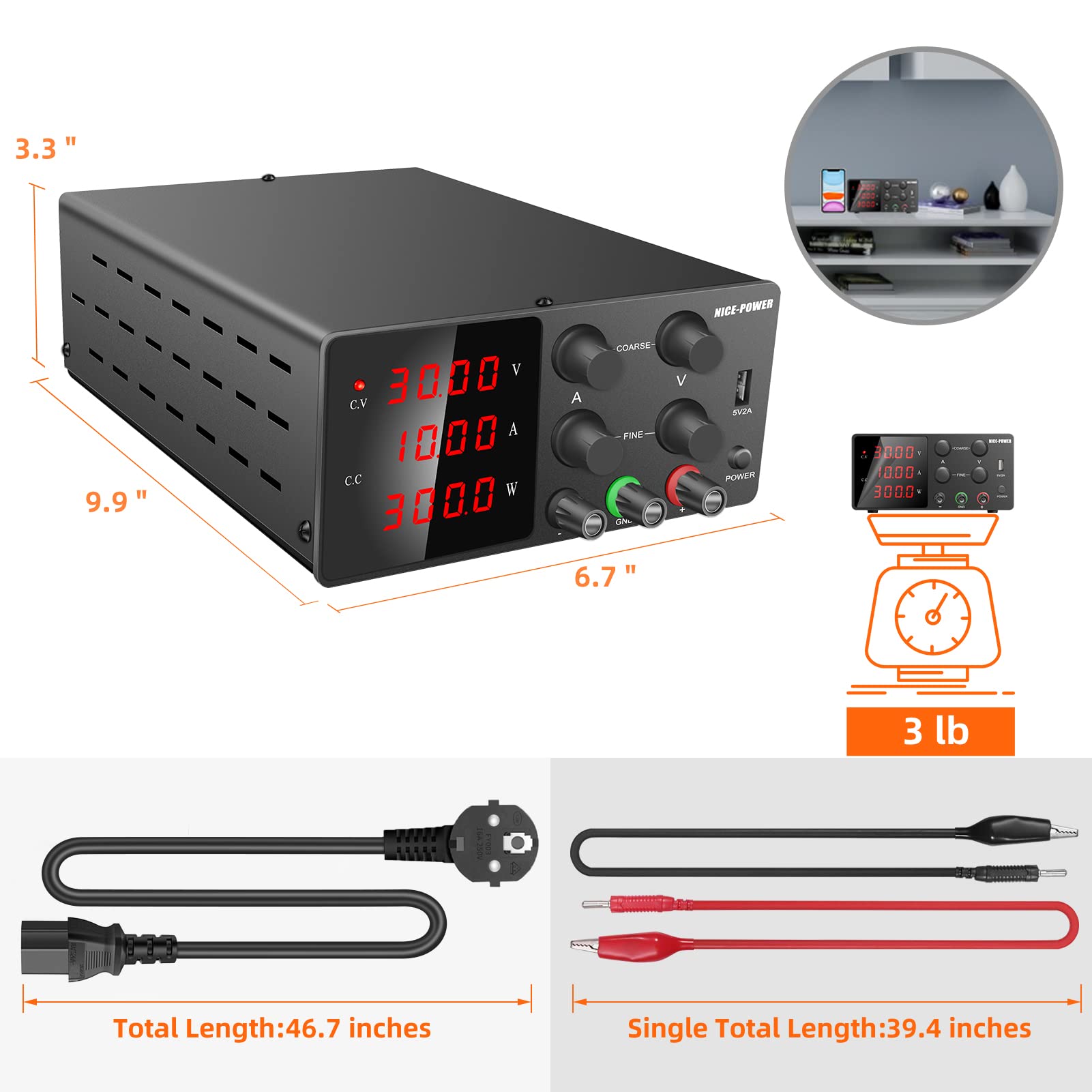 NICE-POWER DC Power Supply Variable 30V 10A Adjustable Bench Power Supply with Coarse/Fine Adjustments Knob Switching DC Regulated Power Supply Stable Output 4-Digits LED Display 5V/2A USB Port