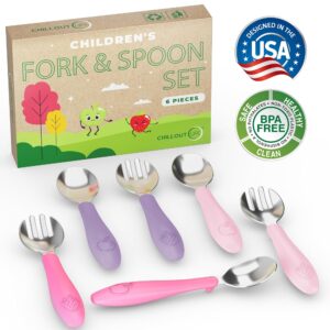 CHILLOUT LIFE Toddler Utensils, Kids Silverware with Silicone Handle, Stainless Steel Metal Toddler Forks and Spoons Safe Baby Cutlery Set for Self Feeding BPA Free Dishwasher Safe