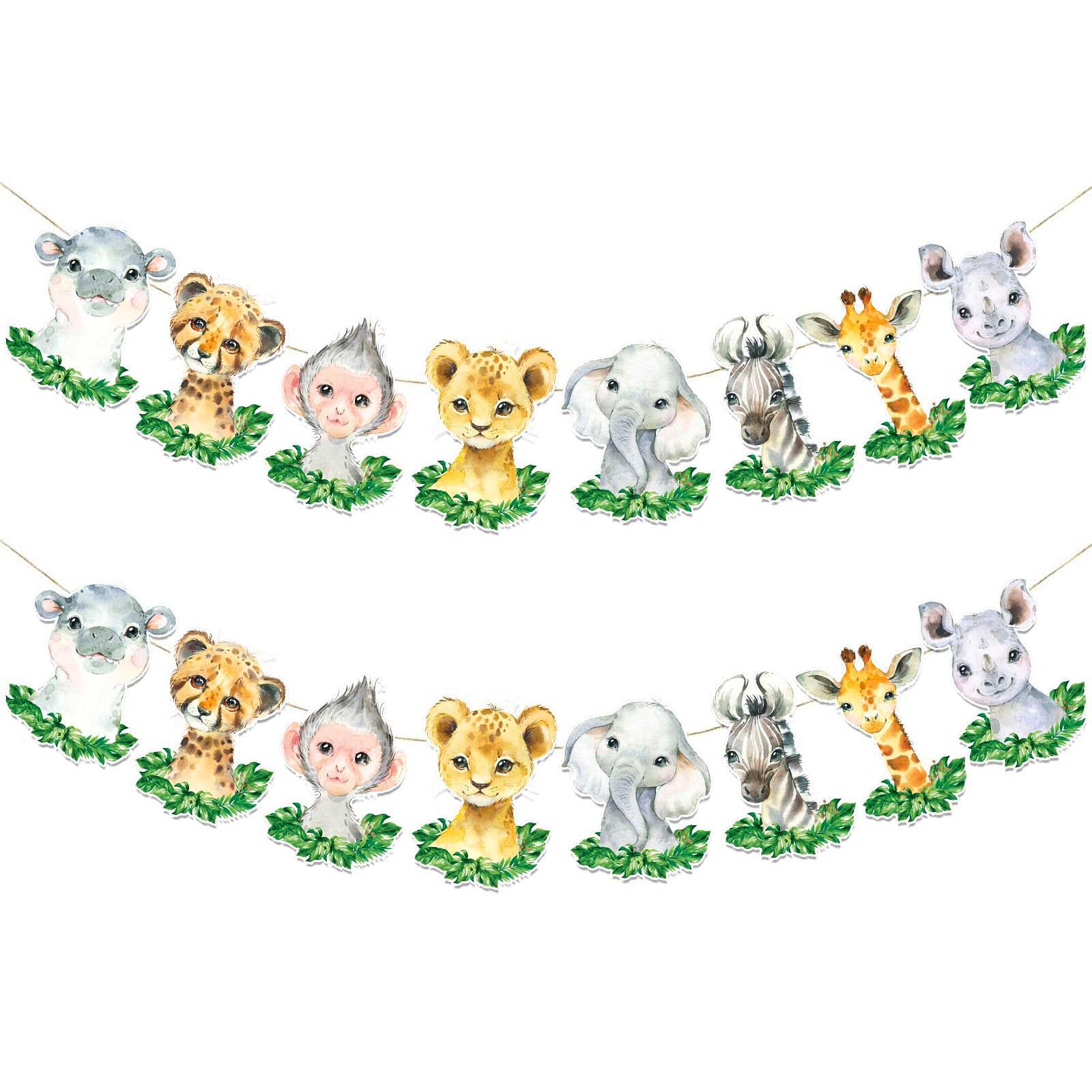 2Pcs Safari Animals Baby Shower Banner, Jungle Baby Shower Decorations, Wild One Birthday Party Decorations for Boys Kids, Double Sided Safari Jungle Themed Birthday Party Supplies