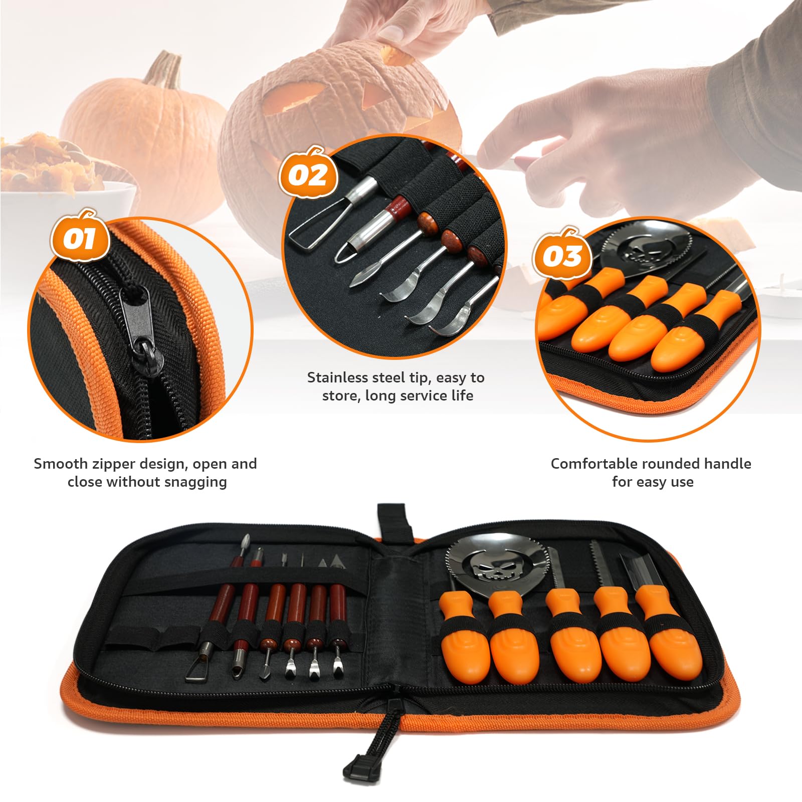 11 PCS Pumpkin Carving Kit for Adults & Kids with Professional Detail Sculpting Tools, Heavy Duty Stainless Steel Knife Set with Carrying Case for Halloween Decoration